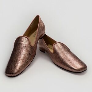 Jon Josef Rose Gold Metallic Crackle Leather Gatsby Flat Loafers Women's Size 8